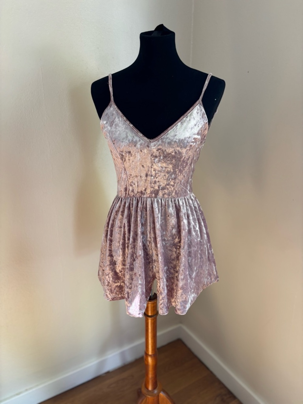 Velvet Spaghetti Strap Romper in Blush